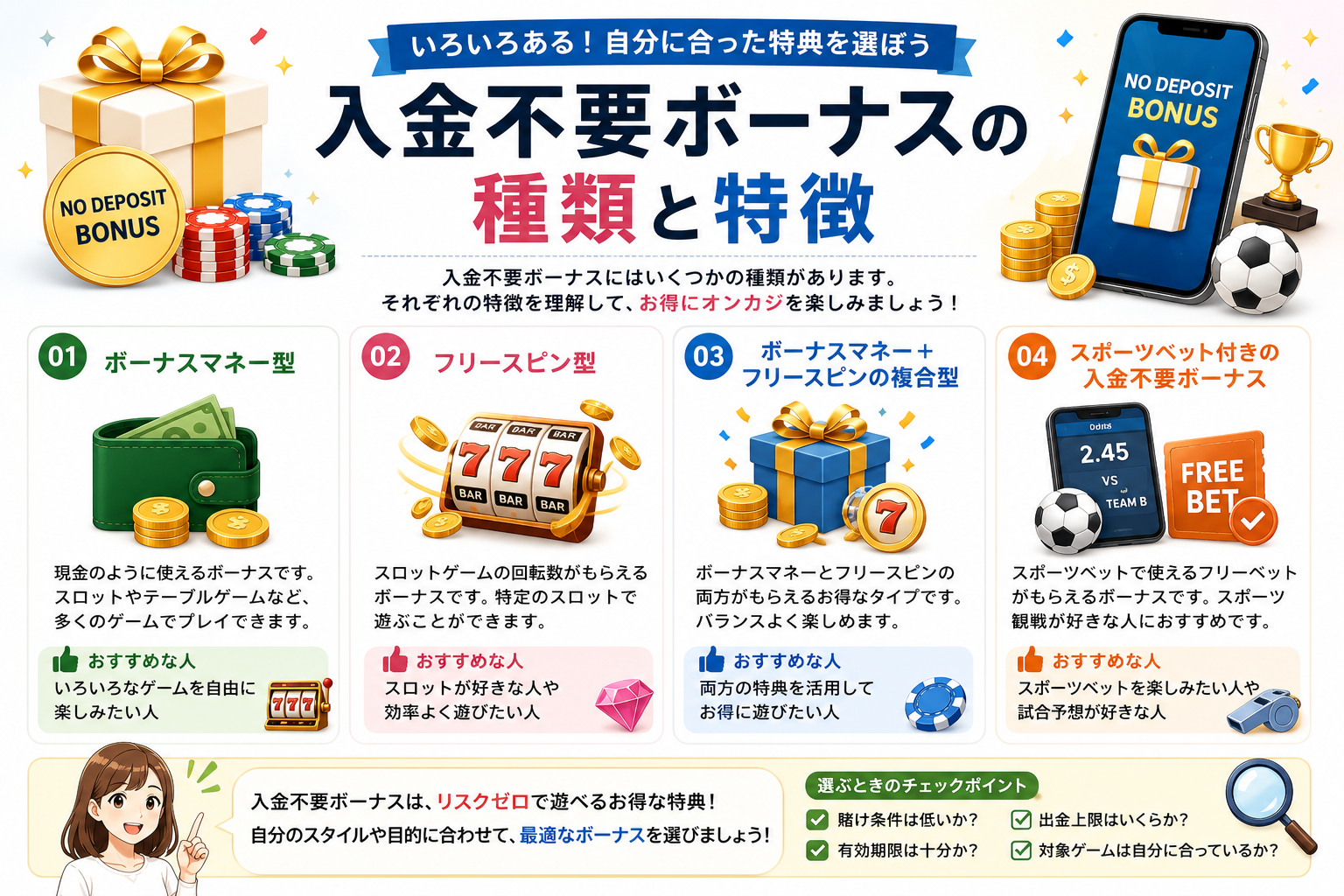 入金不要ボーナスの種類と特徴
