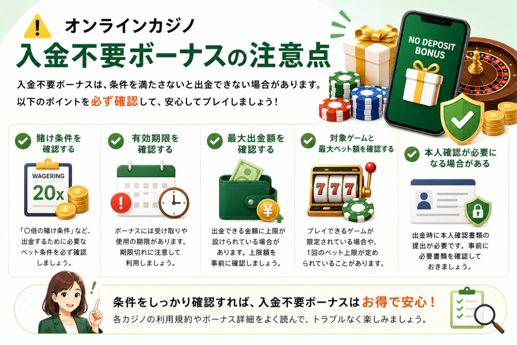 オンラインカジノ入金不要ボーナスの注意点